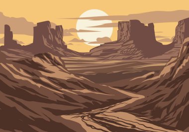 Batı çölü ve toprak yollu kanyon çizimleri