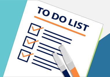 Yapmak liste veya planı planlama simgesi kavramı için. Bir görev başarısız oldu. Kağıt sayfalarının onay işaretleri, soyut metin ve marker ile. Fincan kahve vektör düz illüstrasyon renk arka plan üzerinde izole