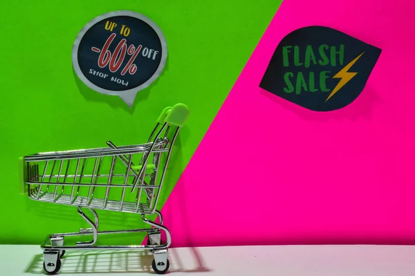 green shopping cart. attached Up To -60% Off, Shop Now  and Flash Sale text on green and pink background. E-commerce and business marketing concept
