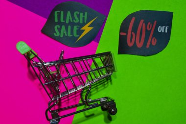 Satılık -60 kadar flash % kapalı salonu şimdi metin ve alışveriş sepeti. Renkli arka plan üzerinde indirim ve promosyon iş kavramı