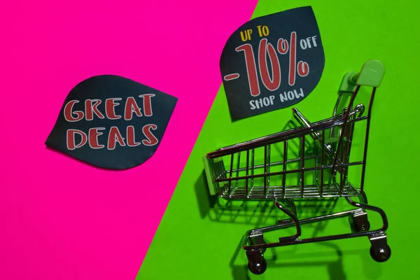 Grandes Ofertas Hasta Descuento Compra Ahora Texto Carrito Compras Concepto — Foto de Stock