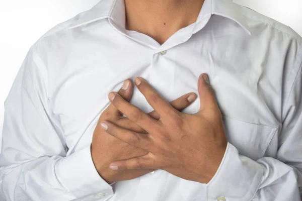 Dolor en el pecho del hombre por reflujo ácido o acidez estomacal, aislado sobre fondo blanco —  Fotos de Stock