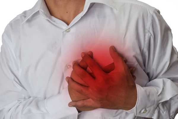 Dor no peito do homem devido a refluxo ácido ou azia, isolada no fundo branco — Fotografia de Stock