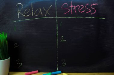 Relax veya Stres tahta üzerinde renk tebeşir kavramı ile yazılmış