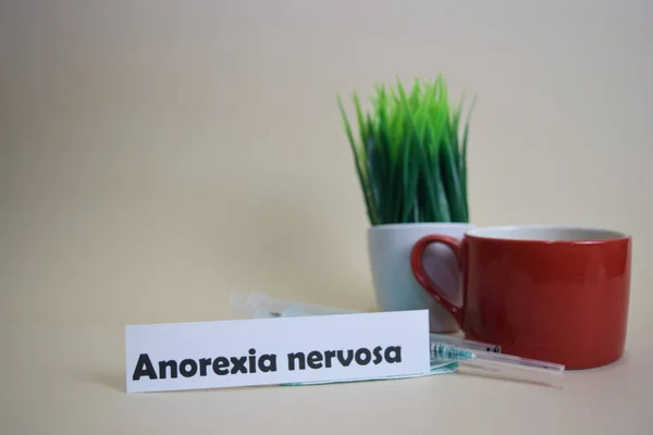 Texto Anorexia Nerviosa Hierba Taza Café Jeringa Mascarilla Verde Atención —  Fotos de Stock