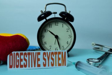 Ofis Malzemeleri ile Çalışma Masası Arka Plan Sindirim Sistemi Planlama. Beyaz Arka Plan Üzerine Tıbbi ve Sağlık Kavramı Planlaması