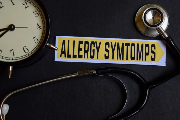 Allergy Symtomps on the paper with Healthcare Concept Inspiration. alarm clock, Black stethoscope. — Stock Photo, Image