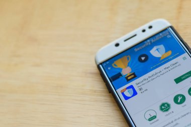 Bekasi, Batı Java, Endonezya. 3 Haziran 2019 : Security Antivirus - Smartphone ekranında Max Clean dev uygulaması. Max Dev Labs (Security Applock & Antivirus) tarafından geliştirilen ücretsiz bir web tarayıcısıdır)