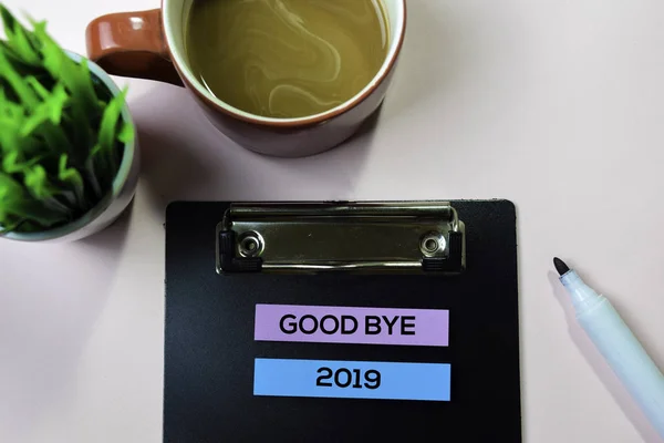 Good Bye 2019 text on sticky notes with office desk concept — Stock Photo, Image