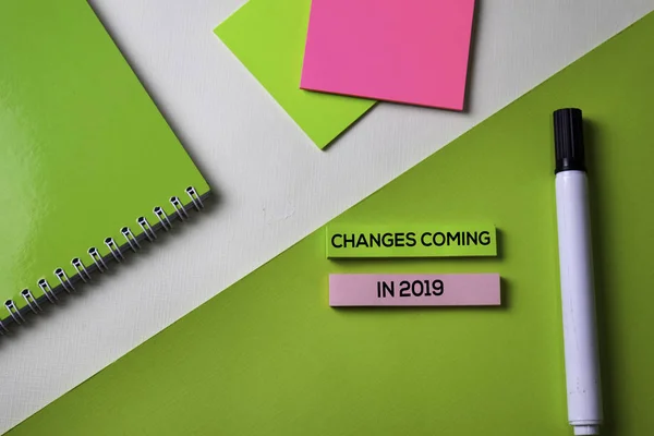 Changes coming in 2019 text on top view office desk table of Business workplace and business objects. — Stock Photo, Image