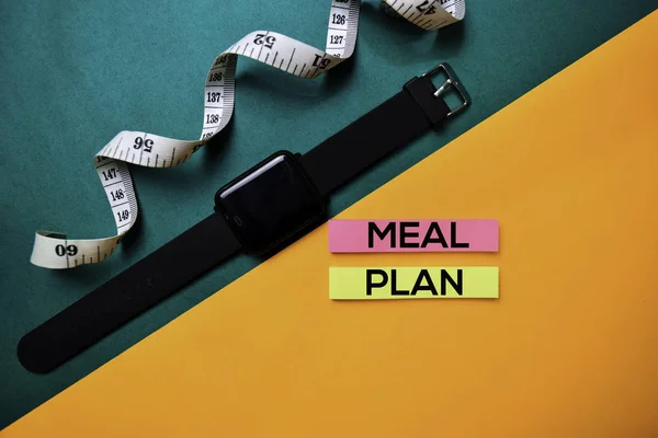 Meal Plan text on top view color table and Healthcare/medical concept.