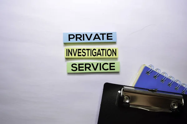 Private Investigation Service text on top view isolated on white background.