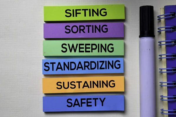 Sifting Sorting Sweeping Standardizing Sustaining Safety - 6S text on sticky notes isolated on office desk