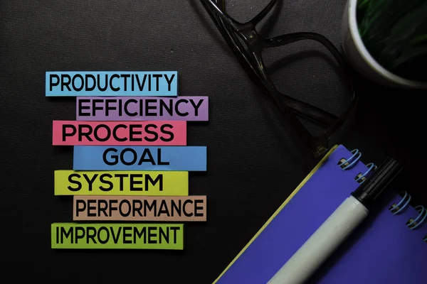 Productivity, Efficiency, Process, Goal, System, Performance, Improvement text on sticky notes isolated on Black desk. Mechanism Strategy Concept