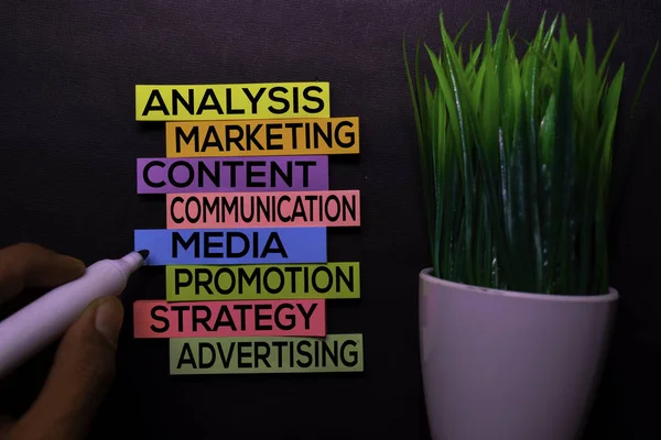 Analysis, Marketing, Content, Communication, Media, Promotion, Strategy, Advertising text on sticky notes isolated on Black desk. Mechanism Strategy Concept