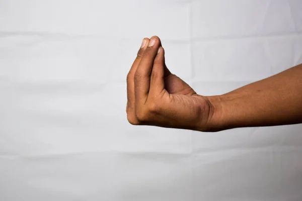 Nahaufnahme asiatischer Mann zeigt Handgesten, es bedeutet, worüber du redest isoliert auf weißem Hintergrund — Stockfoto