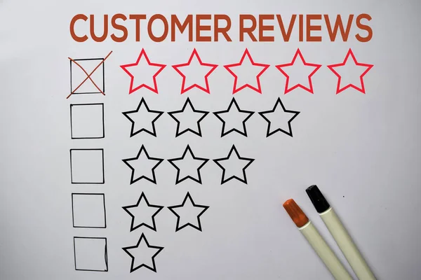 Customer Reviews Give Rating Five Stars text isolated on white board background.