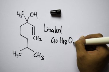 Linalool (C10,H18,O) molekülü beyaz tahta üzerinde yazılıdır. Yapısal kimyasal formül. Eğitim kavramı
