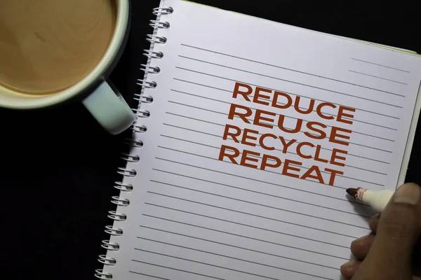 Reduce Reuse Recycle Repeat text on the Book isolated on office desk background