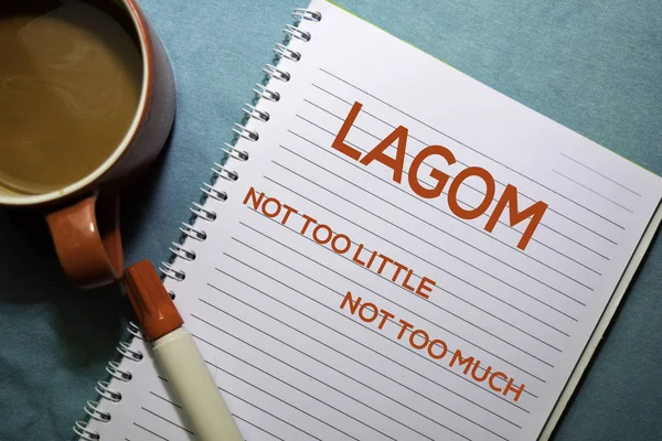 LAGOM. Not Too Little. Not Too Much text on the book isolated on office desk background