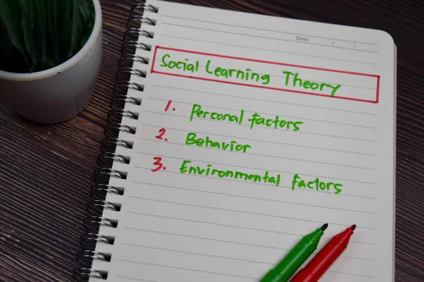 Social Learning Theory write on a book with keywords isolated wooden table.