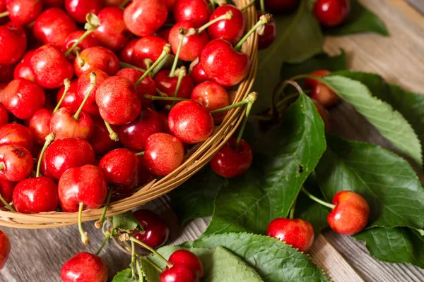Tahta arka planda yaprakları olan bir sepet tatlı ve olgun kiraz.