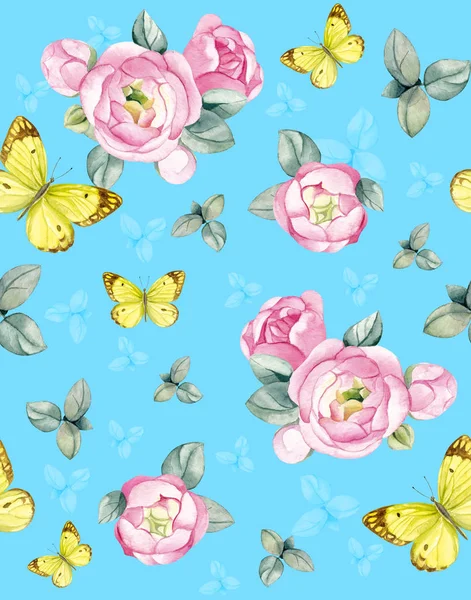 Flower arrangement of pink roses with a butterfly on a blue background. Suitable for invitations, business cards, drawing on fabric, wallpaper.