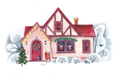  Sulu boya resim. Kış kulübe Noel için dekore edilmiştir..