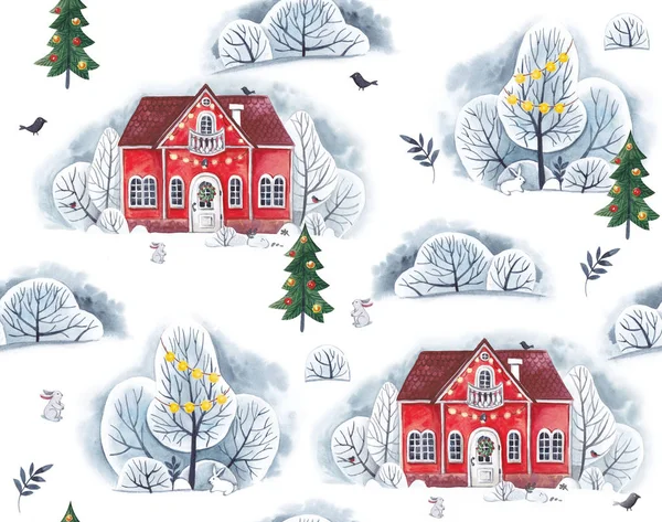 水彩のパターン 白い背景の上の冬の風景ではクリスマスの家 — ストック写真