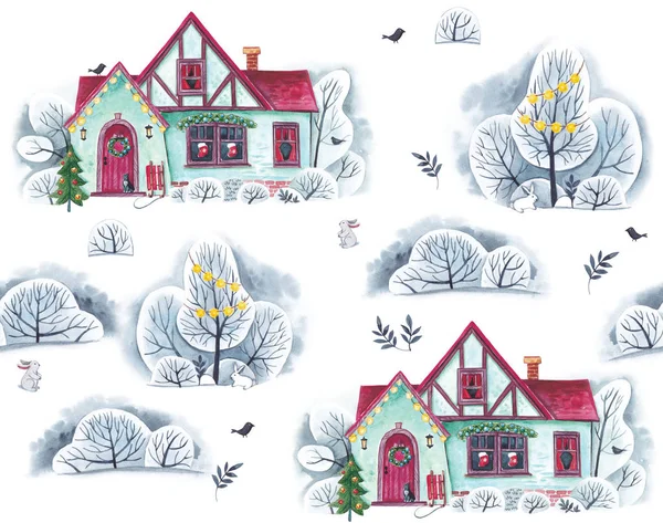 Watercolor Pattern Christmas House Winter Landscape White Background — Stock Photo, Image