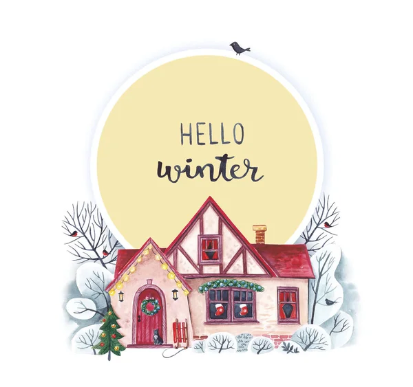 冬季框架与房子装饰的圣诞节和冬季树木 — 图库照片