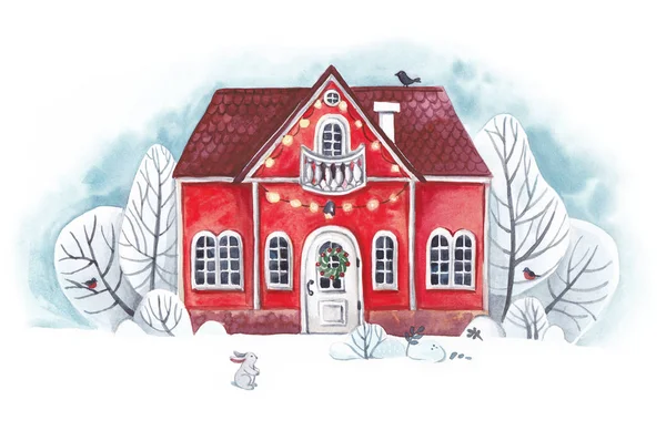 Watercolor Illustration Winter Hut Decorated Christmas — Stock Photo, Image