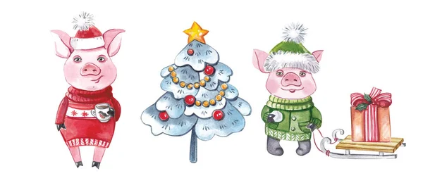 Elementos Natal Mãe Porco Com Leitão Uma Árvore Natal Elegante — Fotografia de Stock
