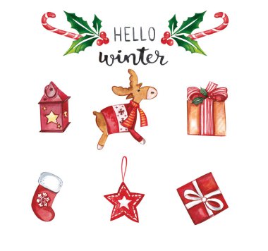  Noel öğeleri, fener, ağaç, hediyeler, geyik, beyaz zemin üzerine çorap.