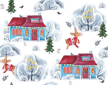 Ağaçlar kar, dekore edilmiş evler ve geyikler üzerinde beyaz bir arka plan ile sulu boya Dikişsiz desen.