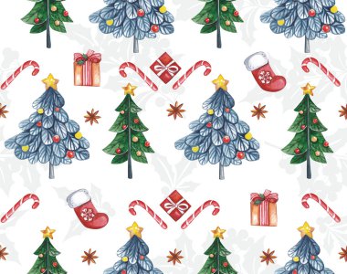 Sulu boya Dikişsiz desen. Noel öğeleri hediyeler, karanfil, yıldız ve dekore edilmiş Noel ağaçları beyaz bir arka plan üzerinde şeklinde. Güzel arka plan ve duvar kağıdı.