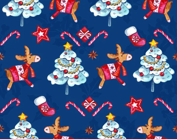Varrat Nélküli Akvarell Mintát Karácsonyi Elemeket Képernyőn Szarvas Ajándékok Szegfű — Stock Fotó