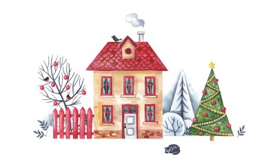 Sıcacık kış evinde bir çit ve karlı ağaçların çerçevede bir Noel ağacı. Suluboya resim.