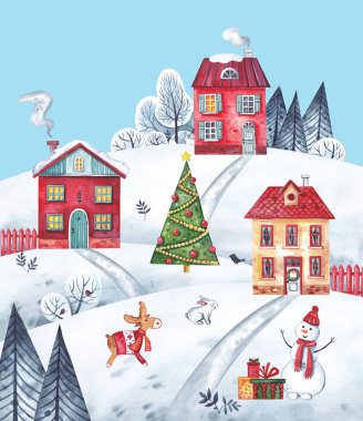 Sulu boya resim. Noel kış manzara arka plan üzerinde ev sahipliği yapmaktadır. Ortasında karakterlerle zarif bir Noel ağacı duruyor: bir kardan adam, bir geyik, tavşan.