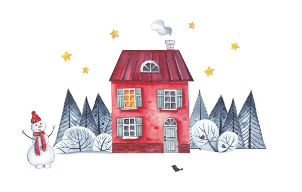 House in the winter forest with a snowman on the background of the starry sky. Watercolor illustration.