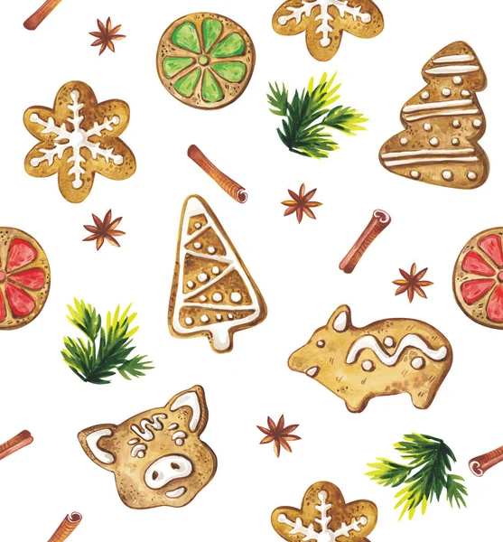 New Year seamless watercolor pattern, lollipops, carnations and gingerbread cookies on a white background. Can be used for fabric design, packaging.