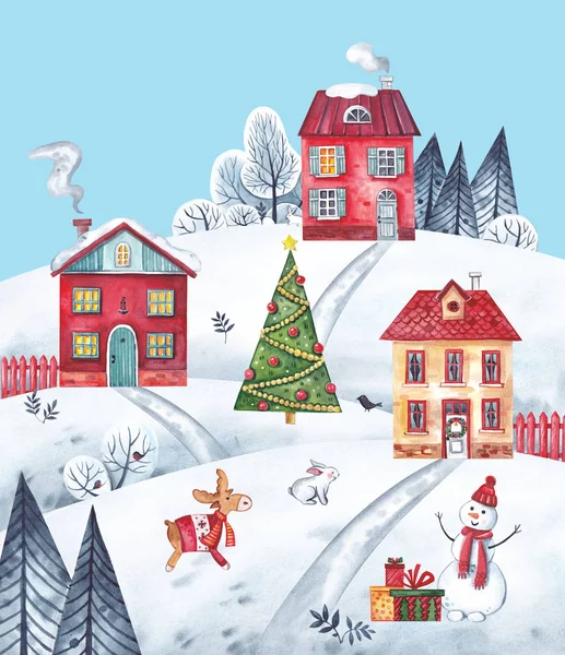 Watercolor illustration. Christmas houses on the background of the winter landscape. In the center stands an elegant Christmas tree with characters: a snowman, a deer, a hare. — Stock Image Watercolor Illustration Christmas Houses Background Winter Landscape Center Stands Elegant Stock Image