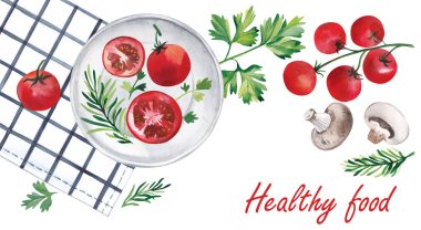 Sulu boya resim. Bir tabak bir ekose desenli Mutfak havlu ve petrol yanında yatan domates.