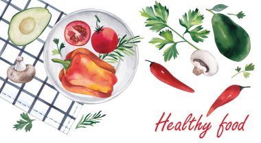 Vejetaryen yiyecekler. Bulgar biber, domates, otlar, bir plaka üzerinde yalan. Avokado, maydanoz, petrol, biber, kalenin yanındaki yalan. Suluboya resim.