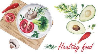 Dilimlenmiş domates, avokado, Yeşiller, brokoli, biber, mutfak gemide yalan. Suluboya resim.