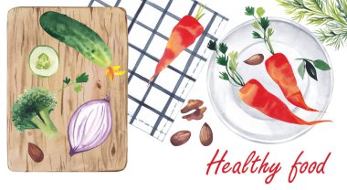 Sağlıklı sebze, bir tabak ve mutfak masası üzerinde yalan kümesi. Kümesinde sunulan brokoli, havuç, soğan, dereotu, maydanoz, salatalık, deli. Suluboya resim.