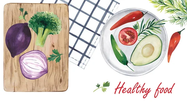 Sağlıklı vejetaryen yemek. Sebze avokado, kırmızı biber soğan, domates ve brokoli, şeklinde ortaya konulan bir tablo, bir tahta ve bir plaka üzerinde. Suluboya resim.