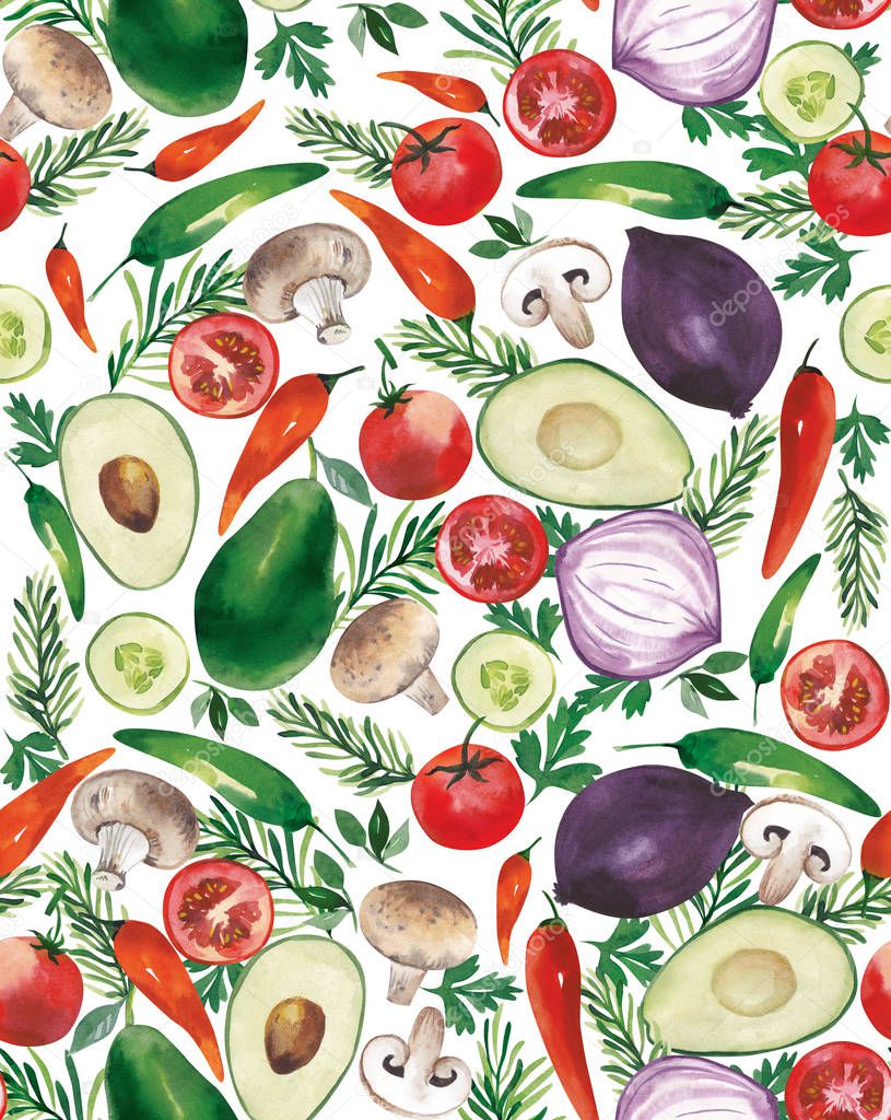 Watercolor pattern consisting of tomatoes, paprika, sweet peppers, avocados, cucumbers, mushrooms and greens. Multicolored vegetables.