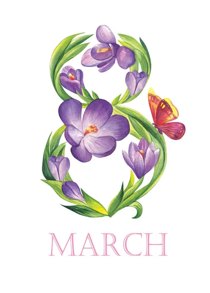 Watercolor Illustration Spring Flowers Crocuses Growing Shape Figure Eight March — Stock Photo, Image