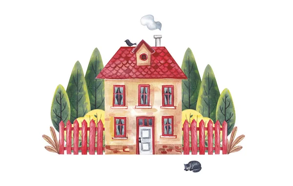 Watercolor illustration. Cozy little house with a fence and autumn garden on a white background.